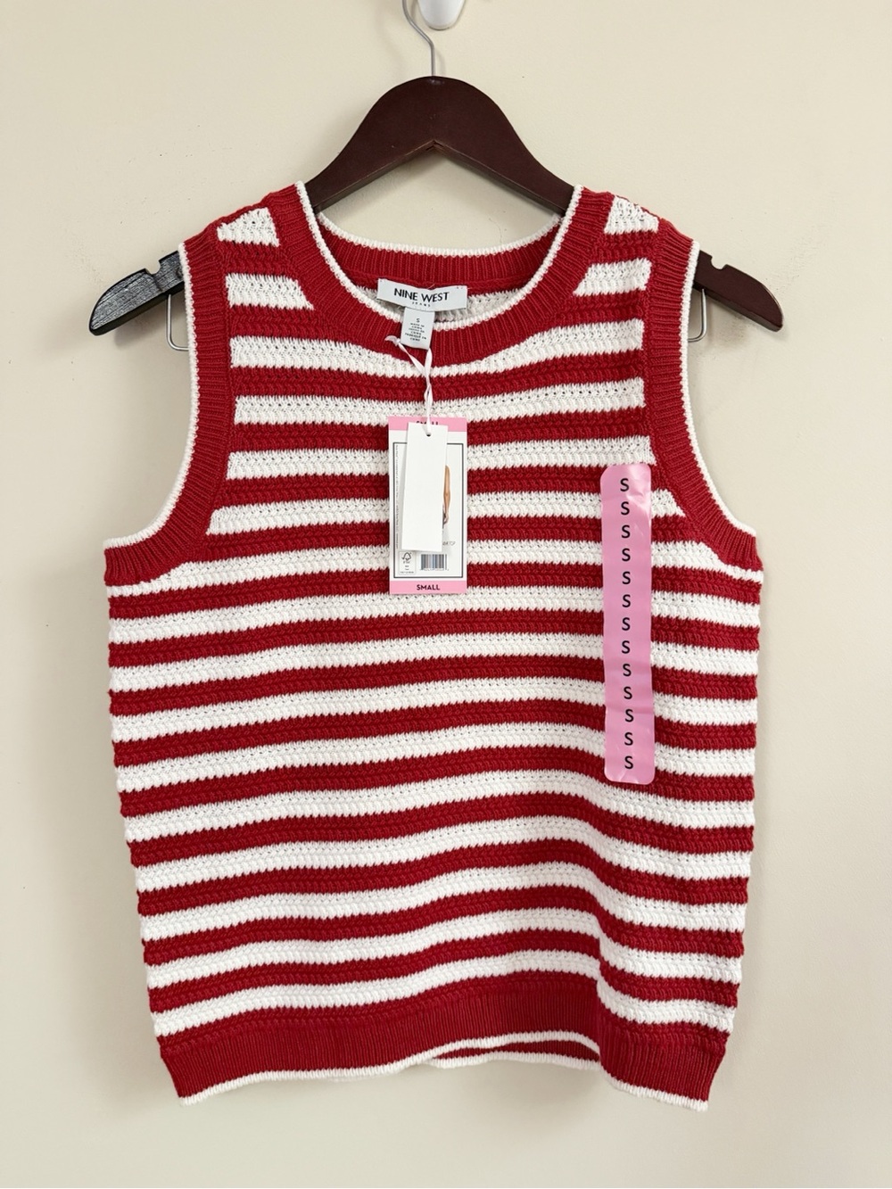 Nine West Women's Crochet Tank Top in Red and White striped Size Small NEW